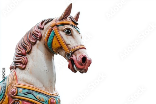 A beautifully crafted carousel horse figure stands with vibrant colors and detailed features. This nostalgic art piece evokes joy and childhood memories. Generative AI