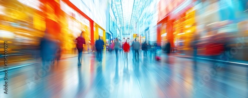 Dynamic blur of a contemporary shopping mall interior, highlighting modern design features and bustling atmosphere, vibrant colors