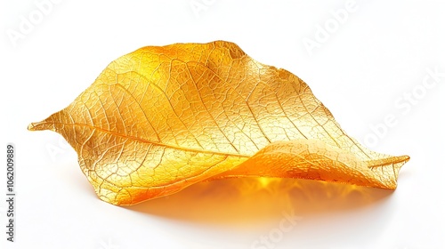 A leaf with gold veins is shown on a white background