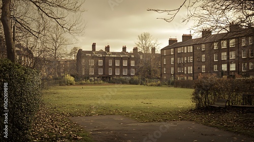 10. A broad view of an English park surrounded by brick buildings, softened by nostalgic tones and grain