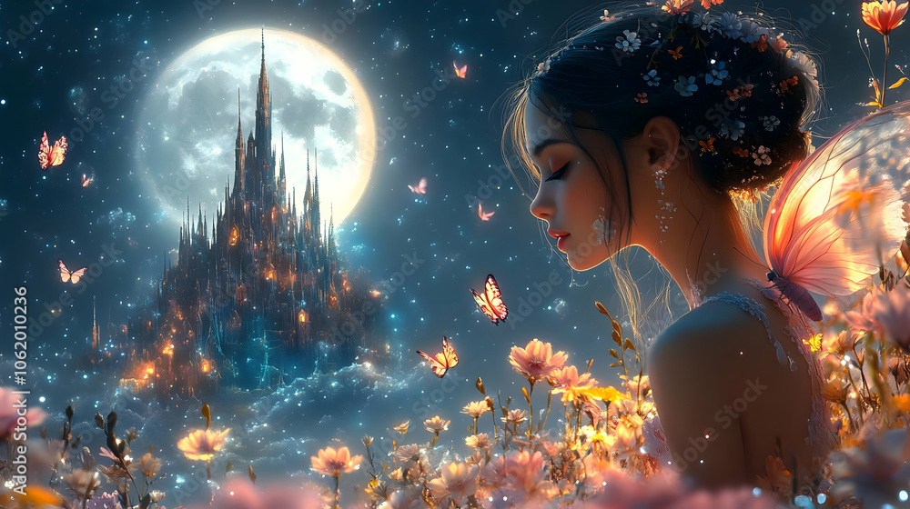 Fantasy Fairy Illustration with Castle in the Moonlit Sky Fantasy Fairy Illustration with Castle in the Moonlit Sky