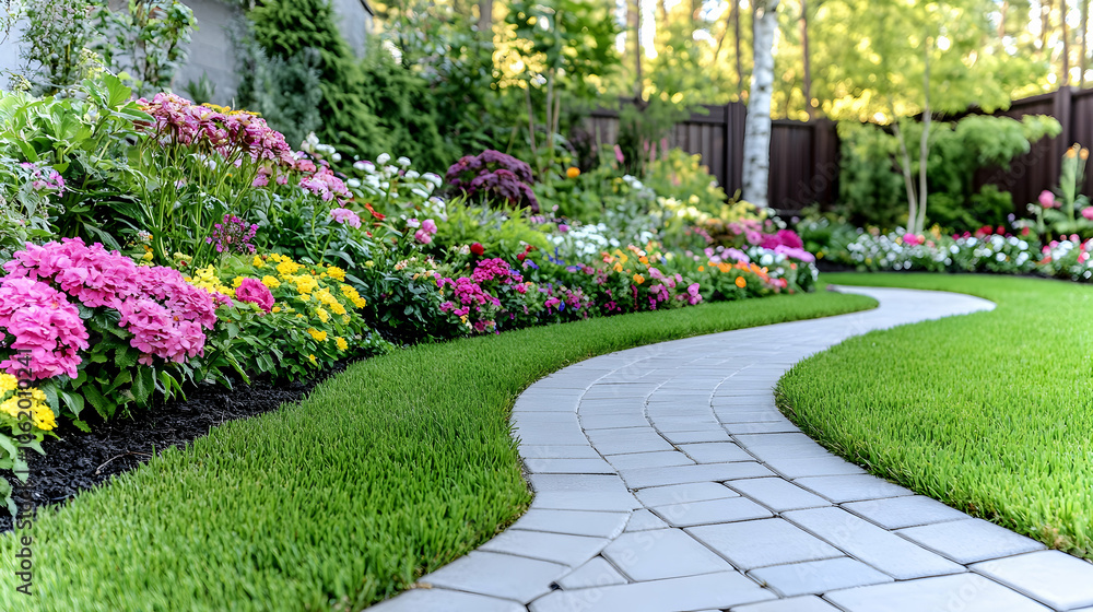 Fototapeta premium Winding stone path through a lush, colorful flower garden with green grass.