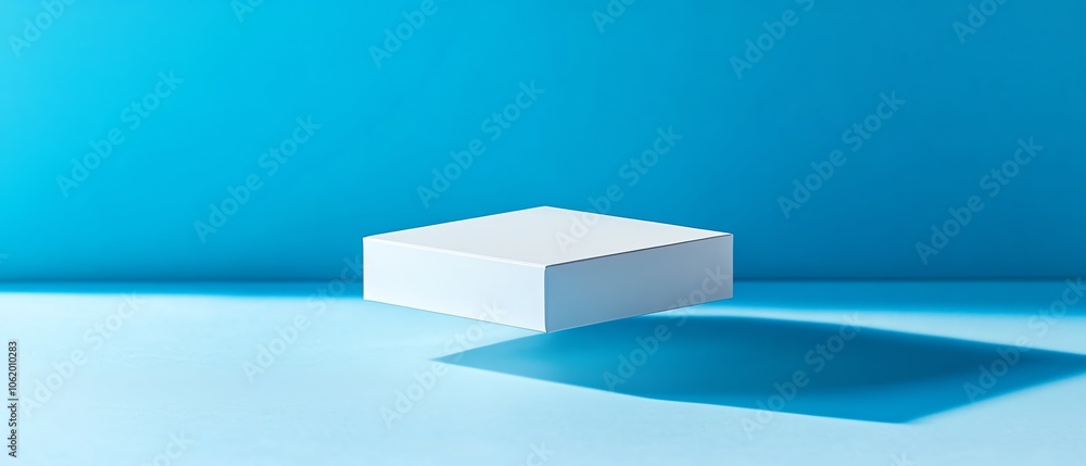 Minimalist mockup of a white box hovering over a bright blue backdrop, sharp shadows, elegant and clean packaging design Minimalist mockup of a white box hovering over a bright blue backdrop, sharp shadows, elegant and clean packaging design