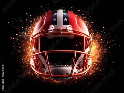 A striking football helmet with a red design featuring stars and stripes, set against a dramatic, fiery background. photo