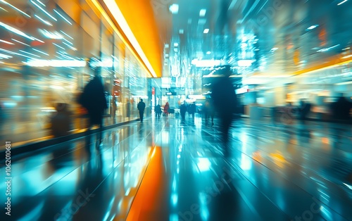 Stylish abstract blur of a shopping mall interior, emphasizing modern architecture and lively ambiance, ideal for promotional visuals photo