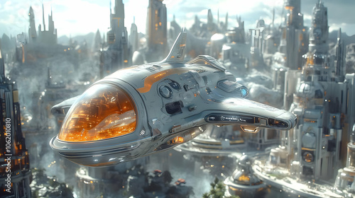 Futuristic Cityscape with Spaceship 3D Illustration