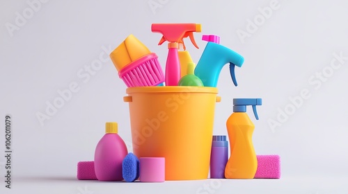 Bucket with cleaning supplies collection isolated on transparency background photo