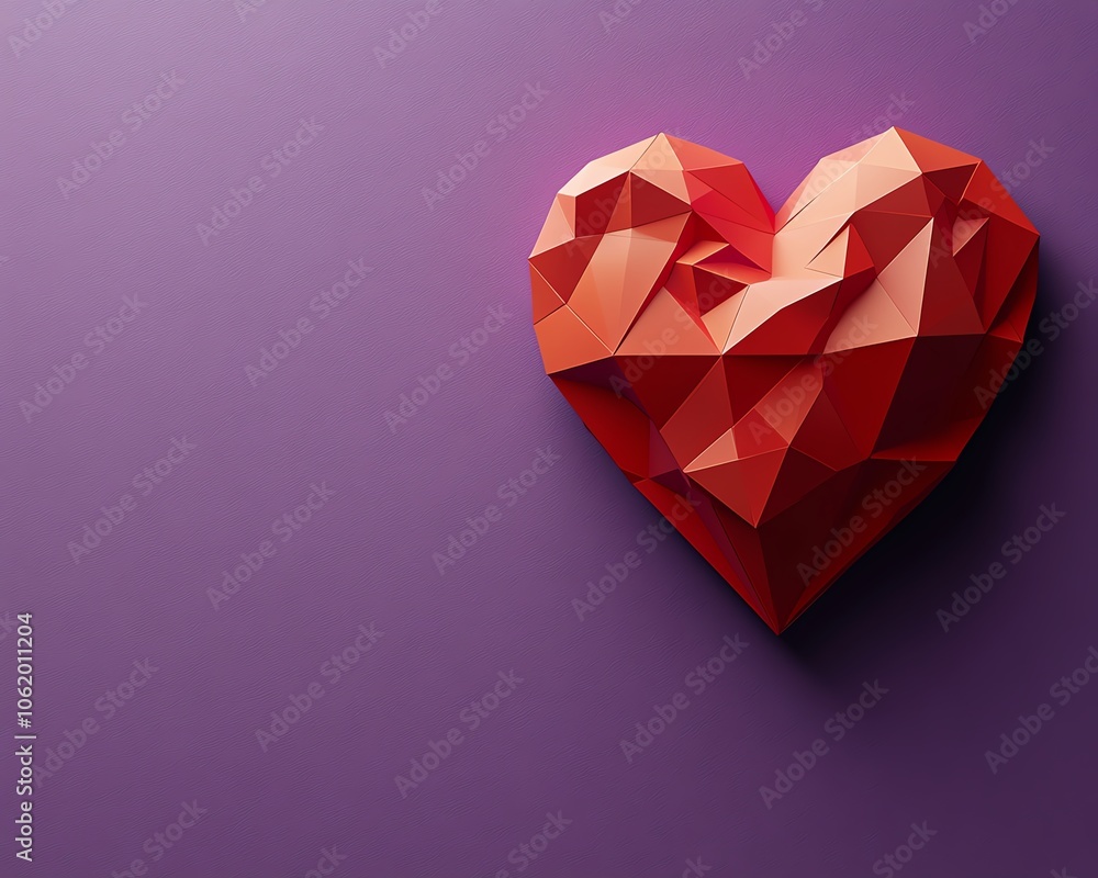 Beautiful 3D red heart displayed on a crisp purple background, horizontal banner layout with clean design, suitable for romantic occasions Beautiful 3D red heart displayed on a crisp purple background, horizontal banner layout with clean design, suitable for romantic occasions
