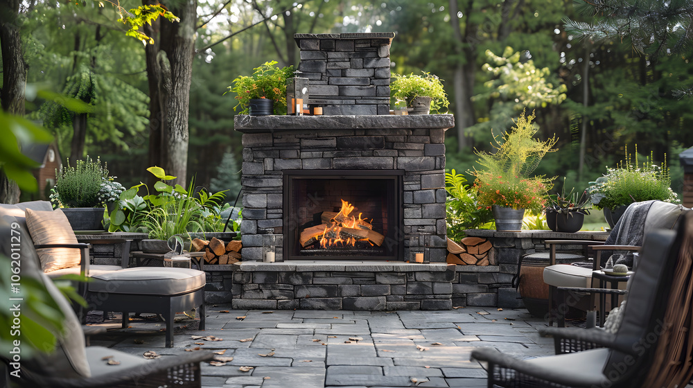Cozy Stone Fireplace in Serene Garden Setting Cozy Stone Fireplace in Serene Garden Setting