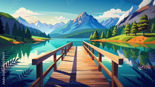 Wooden bridge over the Jasna lake. Panoramic summer view of Julian Alps, Gozd Martuljek location, Slovenia, Europe. Bright landscape of Triglav National Park. Traveling concept 