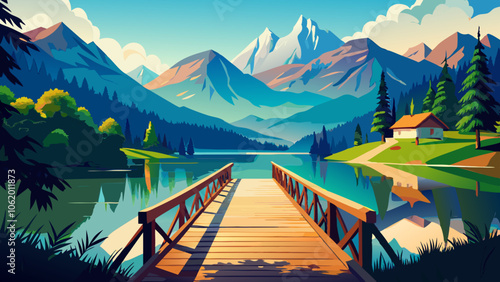Wooden bridge over the Jasna lake. Panoramic summer view of Julian Alps, Gozd Martuljek location, Slovenia, Europe. Bright landscape of Triglav National Park. Traveling concept 