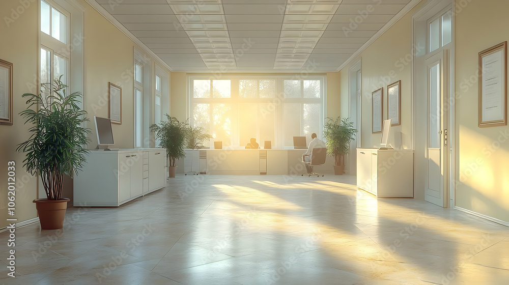 Office Interior Design: Sunlight Through Large Windows, 3D Illustration Office Interior Design: Sunlight Through Large Windows, 3D Illustration