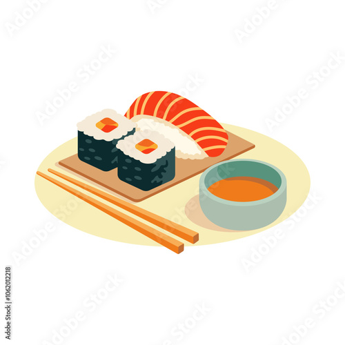 Sushi platter with two maki rolls, nigiri, and soy sauce