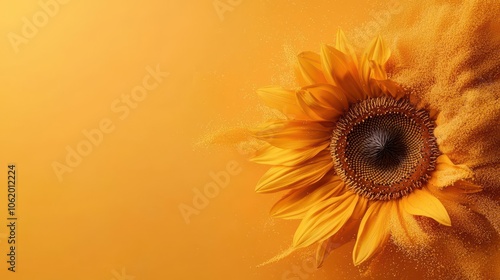 Pollendusted sunflower center, high resolution, vivid yellow, intense focus on tiny pollen grains, bright and lively flora photo