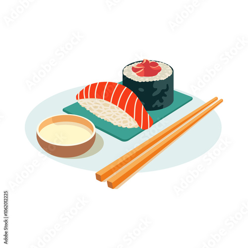 Sushi, Wasabi, and Chopsticks on a Plate