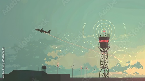 Futuristic Antenna Tower with Wind Turbines on Scenic Cloudy Landscape