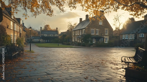 56. A sweeping view of an English village square, captured with warm tones and subtle film grain