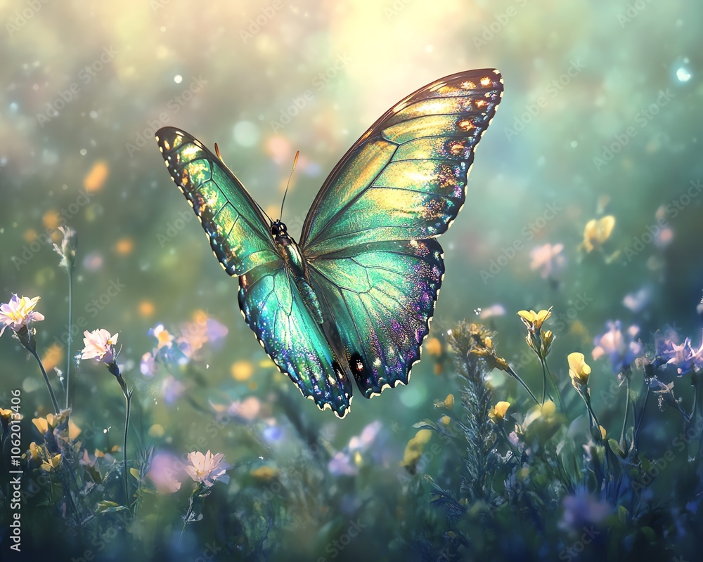 Charming green butterfly with iridescent wings in a serene garden, emphasizing natural beauty and tranquility, highquality visual Charming green butterfly with iridescent wings in a serene garden, emphasizing natural beauty and tranquility, highquality visual