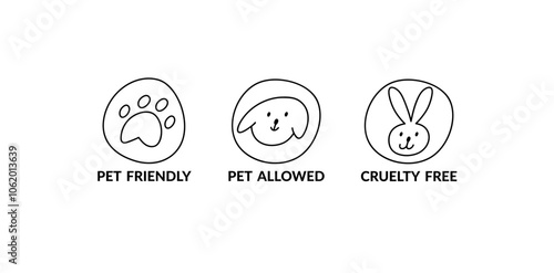 Vector line icon set pet friendly, pet allowed and cruelty free. Outline symbols