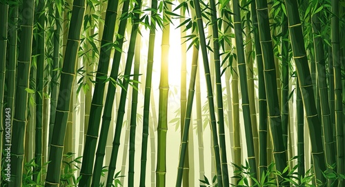 Dense bamboo forest illustration with sunlight through tall green stalks