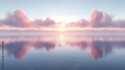 3D Illustration of Pink Clouds Reflected in Calm Water