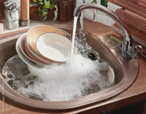 Sink full of sudsy water and dishes being washed AI