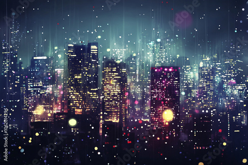 Abstract illustration of night cityscape glows with vibrant bokeh lights and atmospheric contrast sparkles with neon reflections