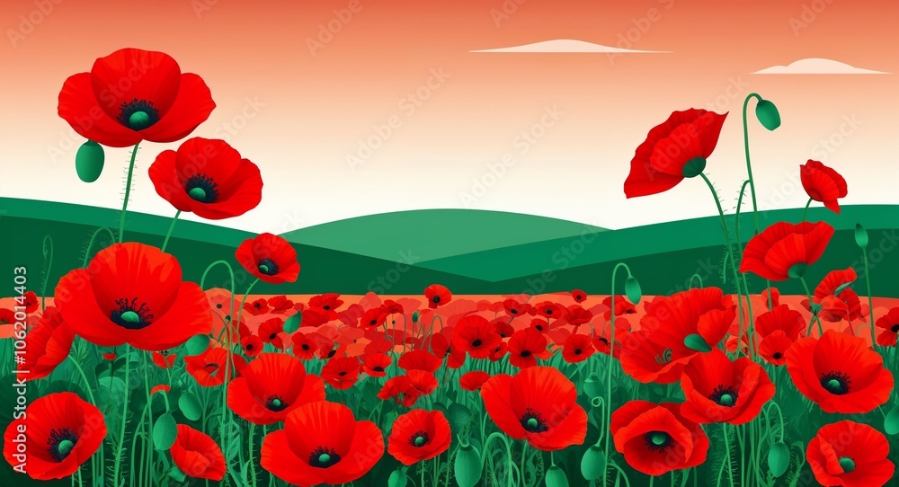 Fototapeta premium Field of poppies illustration with red blooms distant hills