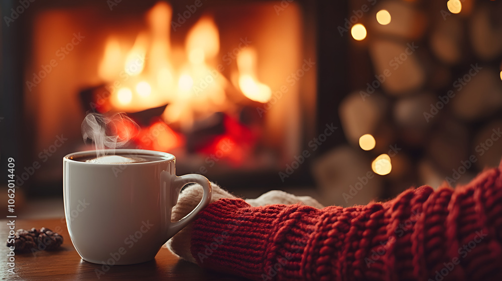 mug of hot chocolate or coffee by the Christmas fireplace. Woman relaxes by warm fire with a cup of hot drink. Winter, Christmas holidays concept mug of hot chocolate or coffee by the Christmas fireplace. Woman relaxes by warm fire with a cup of hot drink. Winter, Christmas holidays concept