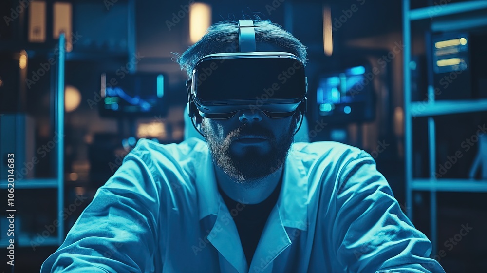 Male scientist in dark office using virtual reality for research futuristic Male scientist in dark office using virtual reality for research futuristic