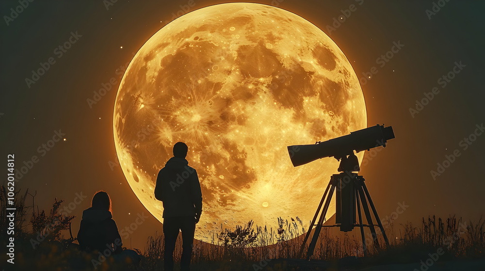 Full Moon Night with Telescope - Realistic Image Full Moon Night with Telescope - Realistic Image