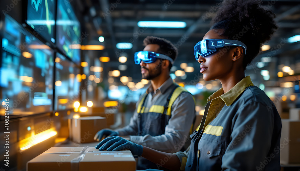 Engineers wearing AR/VR gear collaborate in a high-tech factory, surrounded by robotic arms assembling packages in an automated workflow. Engineers wearing AR/VR gear collaborate in a high-tech factory, surrounded by robotic arms assembling packages in an automated workflow.