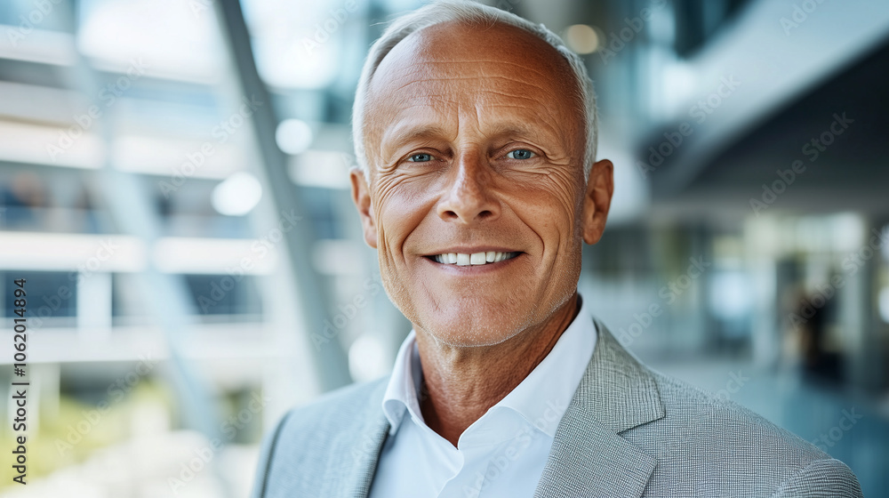 Senior businessman consultant with confident smile, looking directly at camera in sleek office building Senior businessman consultant with confident smile, looking directly at camera in sleek office building
