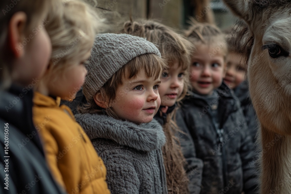 Obraz premium A group of children gazes curiously at a friendly animal. Their expressions are full of wonder and joy. Connection between kids and nature is beautiful. Generative AI