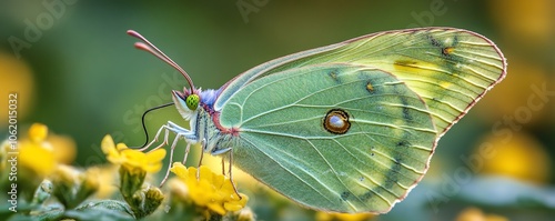 Stunning closeup of a pretty green butterfly in a natural setting, highlighting vivid colors and delicate details on its wings photo