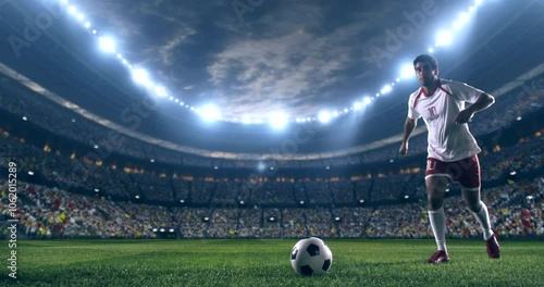 Football player wearing red and white uniform, kicking a ball in slow motion towards the camera on a professional stadium at night.