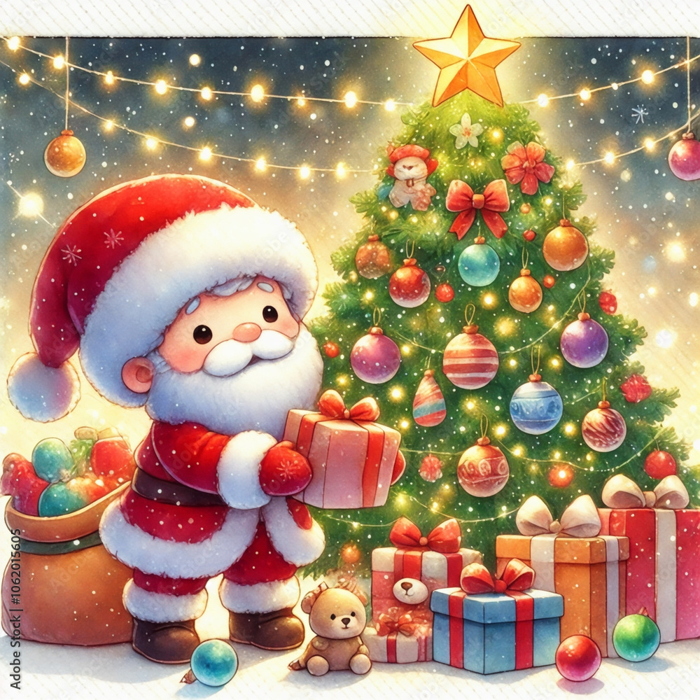 Cute Santa Claus delivering presents under a beautifully decorated Christmas tree. Cute Santa Claus delivering presents under a beautifully decorated Christmas tree.