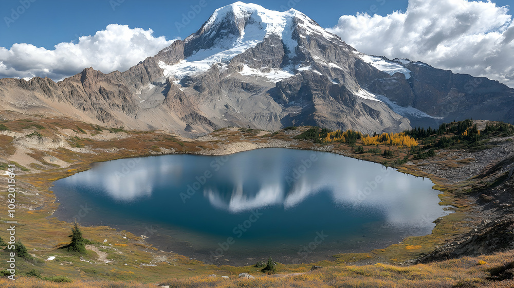 Obraz premium A serene mountain lake reflecting a snow-capped peak and clouds.