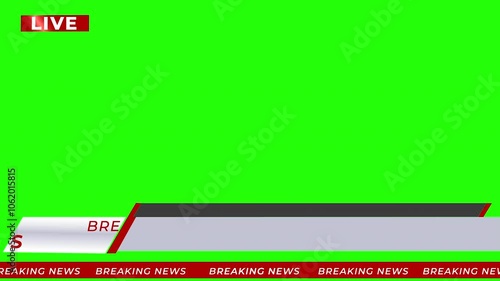Breaking News - Lower third live breaking news background green screen and seamless looping ticker with blank text boxes.