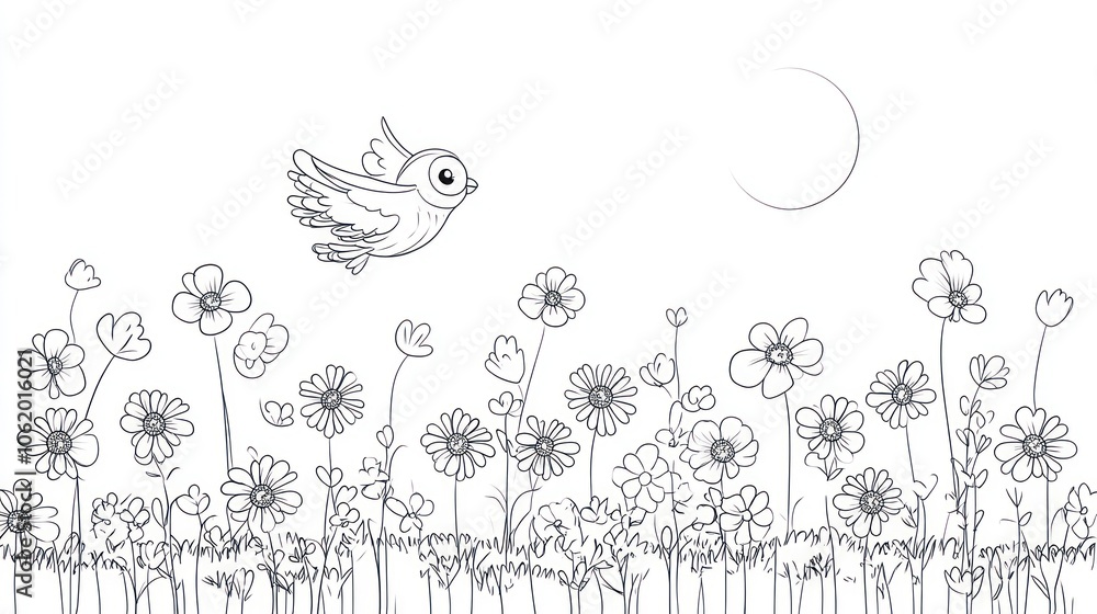A Bird Flying Over a Field of Flowers with a Crescent Moon in the Sky. Coloring book illustration. A Bird Flying Over a Field of Flowers with a Crescent Moon in the Sky. Coloring book illustration.
