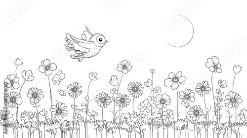 A Bird Flying Over a Field of Flowers with a Crescent Moon in the Sky. Coloring book illustration.