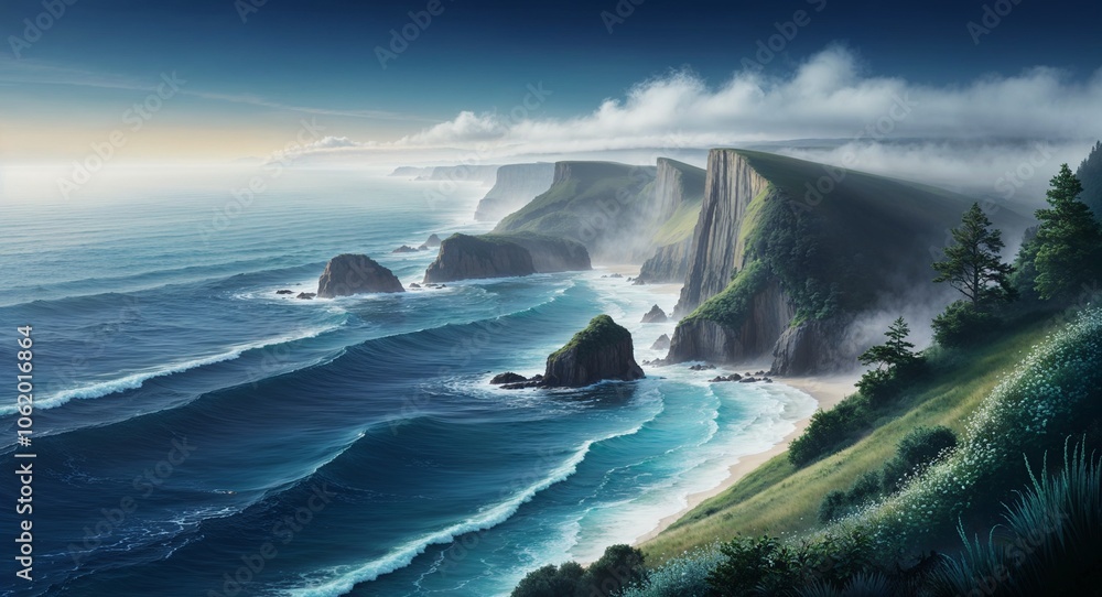 Misty cliffside illustration overlooking vast ocean and distant horizon Misty cliffside illustration overlooking vast ocean and distant horizon