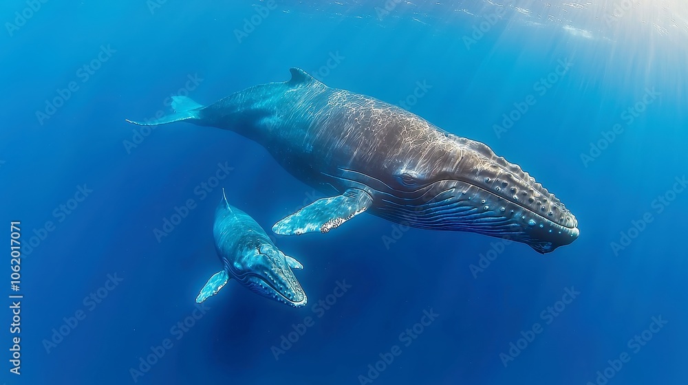 Fototapeta premium Mother blue whale and her calf glide gracefully through the sunlit depths of the Indian Ocean near Sri Lanka, embodying the beauty of marine life and their habitat.