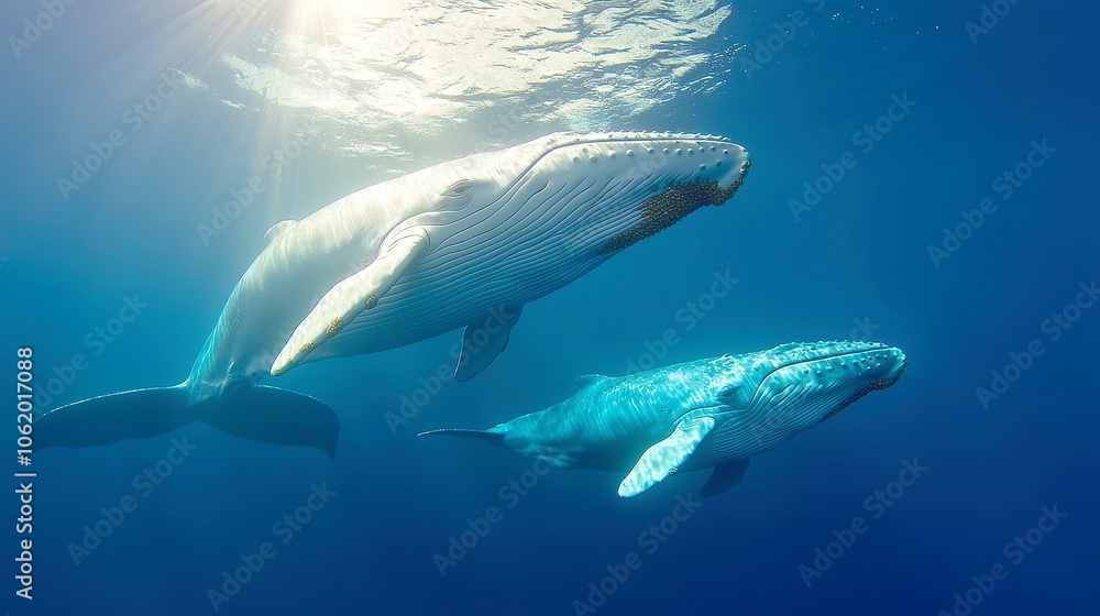 Fototapeta premium Mother blue whale with calf gliding through azure waters, illuminated by sunlight, showcasing the majestic beauty of marine life in the Indian Ocean near Sri Lanka