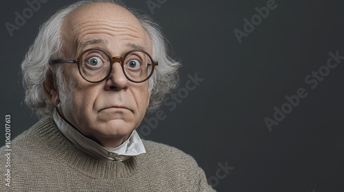 Elderly man with wild gray hair and glasses poses against a dark background in an expressive manner, highlighting his curious demeanor