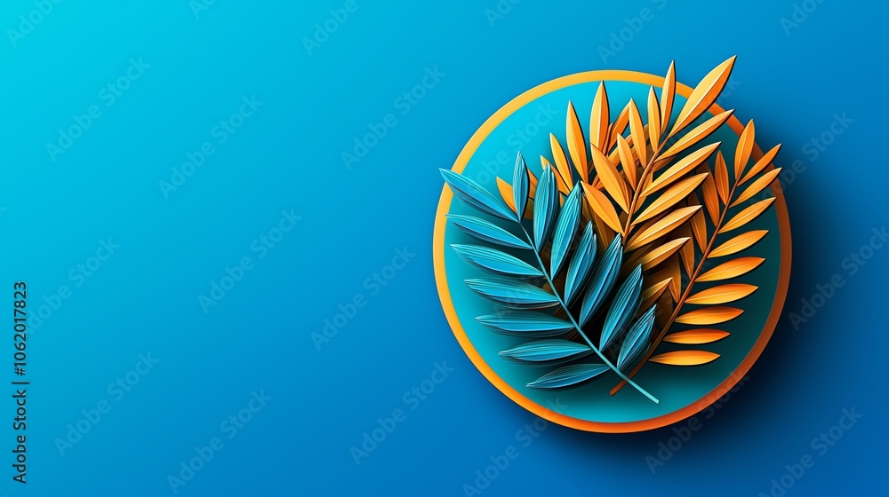 A vibrant, artistic design featuring orange and blue leaves in a circular layout against a solid blue background. A vibrant, artistic design featuring orange and blue leaves in a circular layout against a solid blue background.