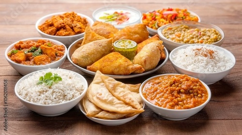 Indian and Sri Lankan Cuisine Platter, an array of vibrant dishes including rice, lentils, paneer, samosas, and spices, elegantly arranged on a rustic wooden backdrop