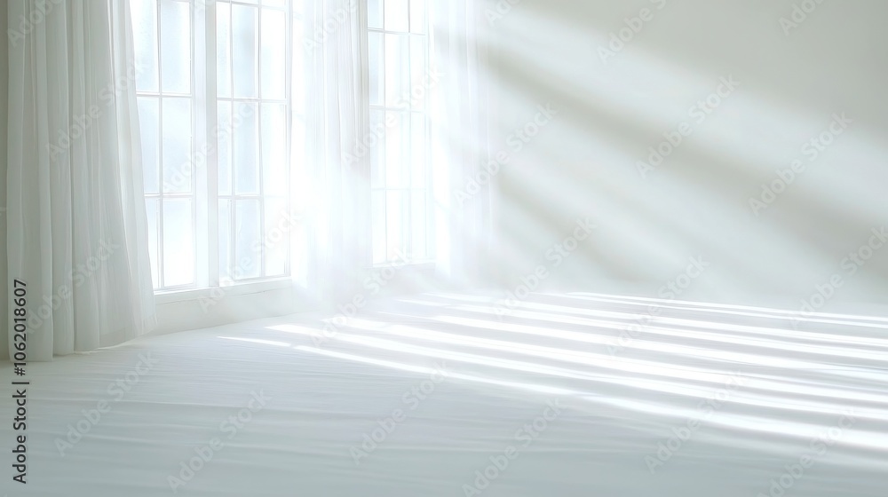 Fototapeta premium Dust particles dance in sunlight, illuminating a serene indoor space, with soft light rays filtering through a window, creating a tranquil and ethereal atmosphere.