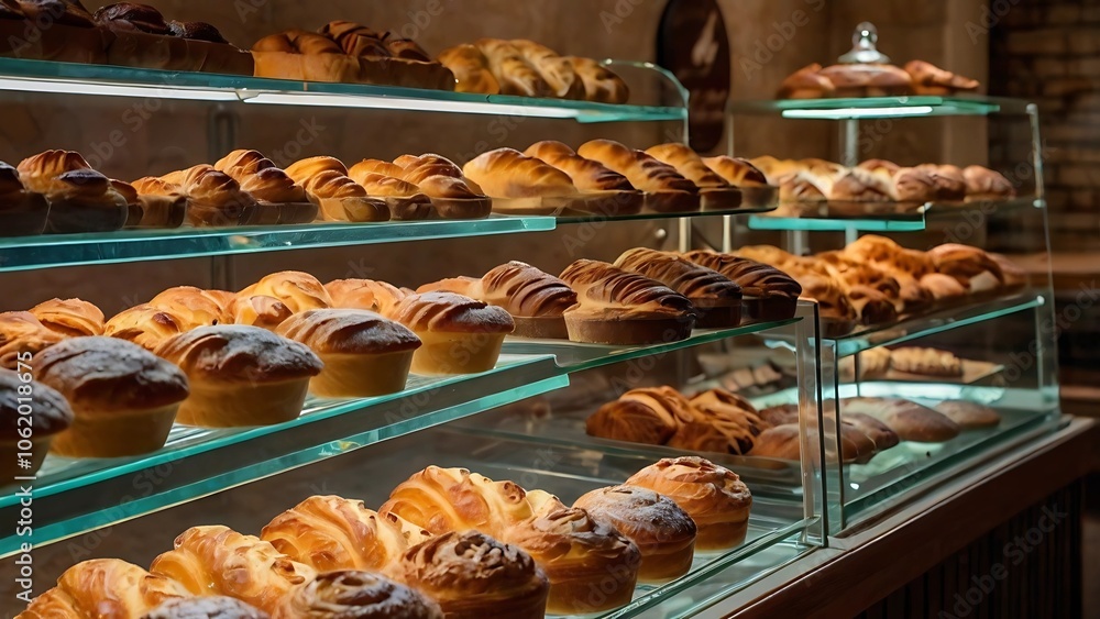 Freshly baked pastries on display in a cozy bakery, surrounded by warm colors and an inviting ambiance—a perfect setting for indulgence and warmth Freshly baked pastries on display in a cozy bakery, surrounded by warm colors and an inviting ambiance—a perfect setting for indulgence and warmth