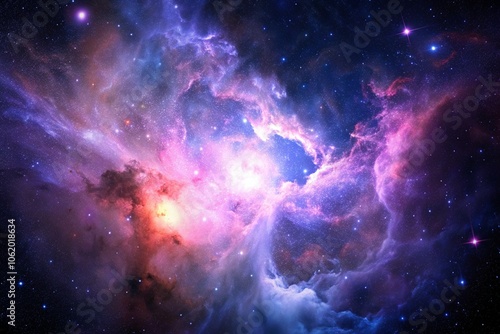 Purple gas nebulae in space and sparkling stars	 photo